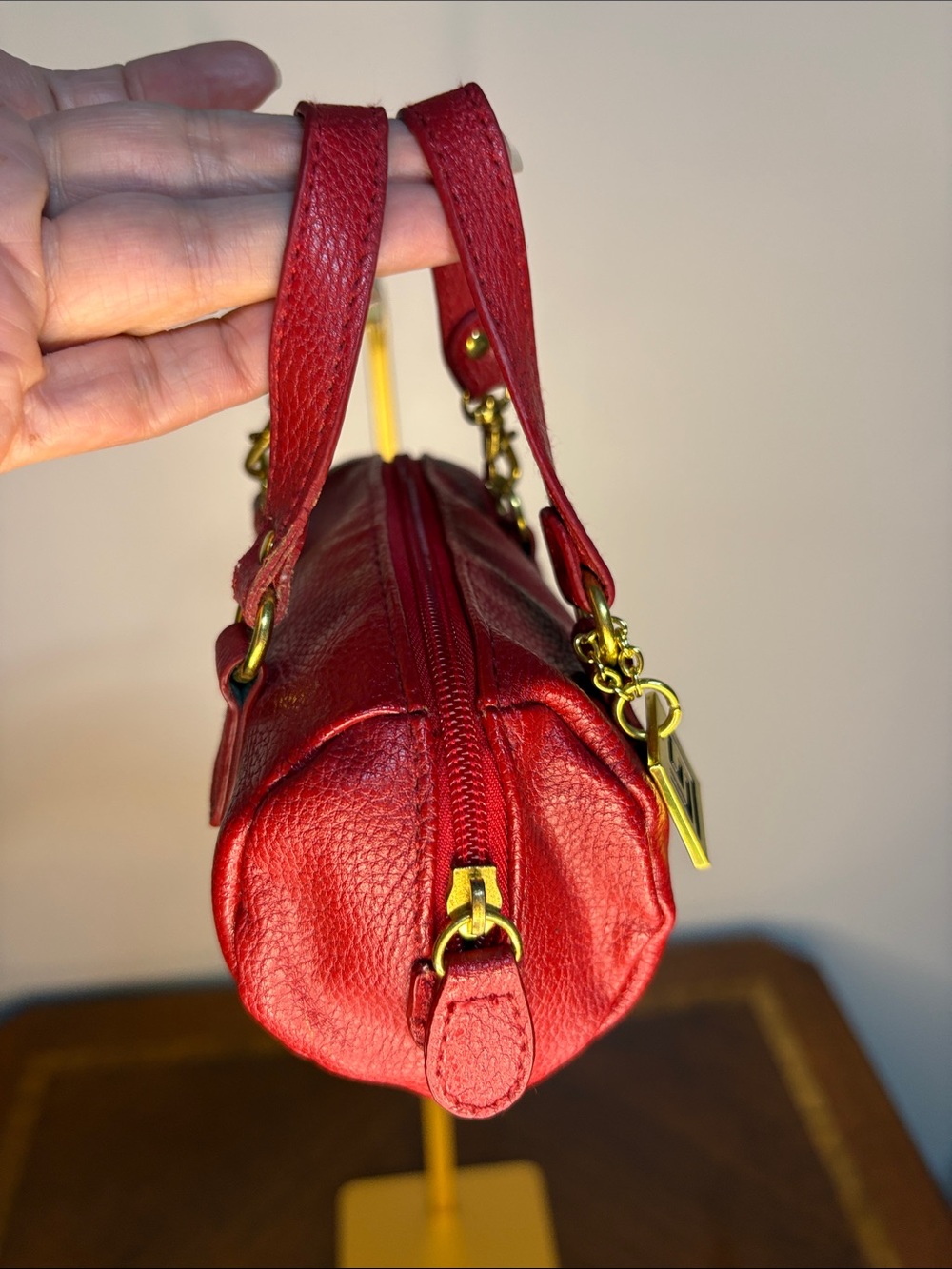 Micro Red Leather Satchel Handbag with Gold Hardware - Picture 2 of 5